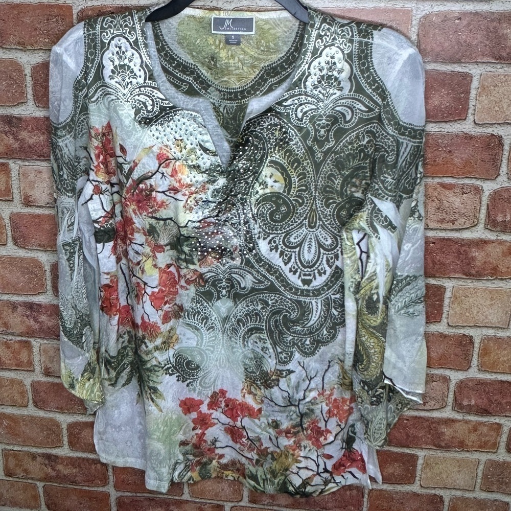 Boho art to wear bedazzled green/orange 3/4 sleeve top size S by JM Collection
